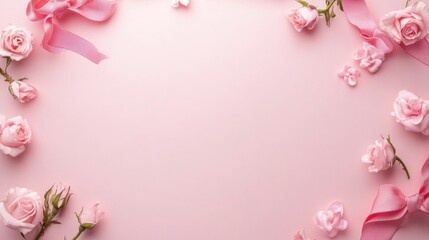 Fototapeta premium Delicate pink roses and ribbons frame on soft pink background, symbolizing girlhood design and femininity