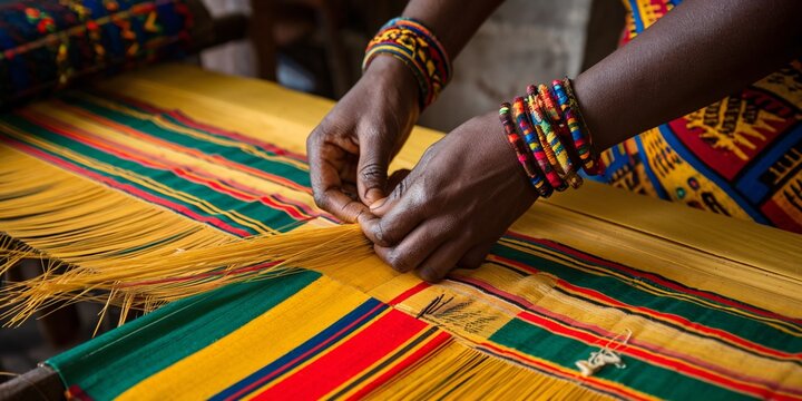 Kente Cloth Weaving in Ghana. A close-up of skilled hands weaving vibrant Kente cloth in a traditional loom.