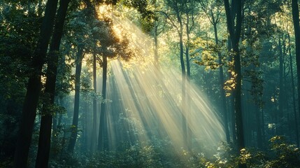 Obraz premium A tranquil forest scene illuminated by soft beams of sunlight filtering through the tall trees. The sunlight creates a mystical atmosphere as it breaks through the dense foliage, casting light and sha