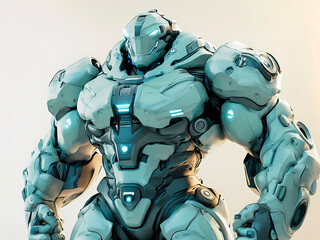 AI-Generated image of A robot with a blue face stands in front of a white background. The robot is large and has a metallic appearance. Concept of strength and power, as the robot seems to be ready fo