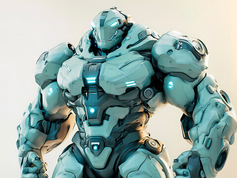 AI-Generated image of A robot with a blue face stands in front of a white background. The robot is large and has a metallic appearance. Concept of strength and power, as the robot seems to be ready fo