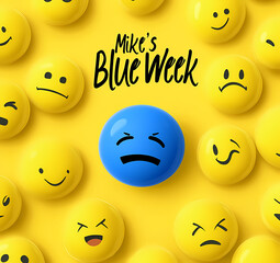 Fototapeta premium Blue background with yellow smiley faces and one sad face, text 