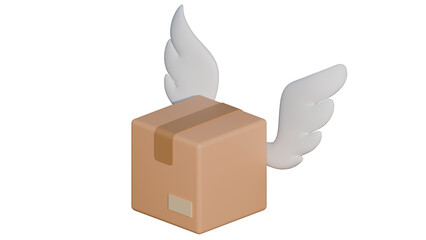 3d render icon design postal service carton cardboard box receive parcel delivery fly wings isolated transparent alpha channel background