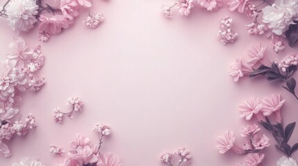 Fototapeta premium Pink floral frame with pastel flowers on soft background, capturing the essence of girlhood design
