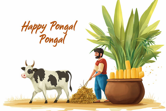  Pongal celebration background with text "Happy Pongal". South Indian festival "Pongal" vector illustration of an Indian farmer plowing the field, two cows, and sugarcane in front of a cla AI Editing.