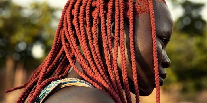 Himba Woman's Braided Hair. A close-up of the intricately styled red clay-braided hair of a Himba woman, showcasing the traditional beauty rituals of the Himba tribe in Namibia&rsquo;s remote regions.