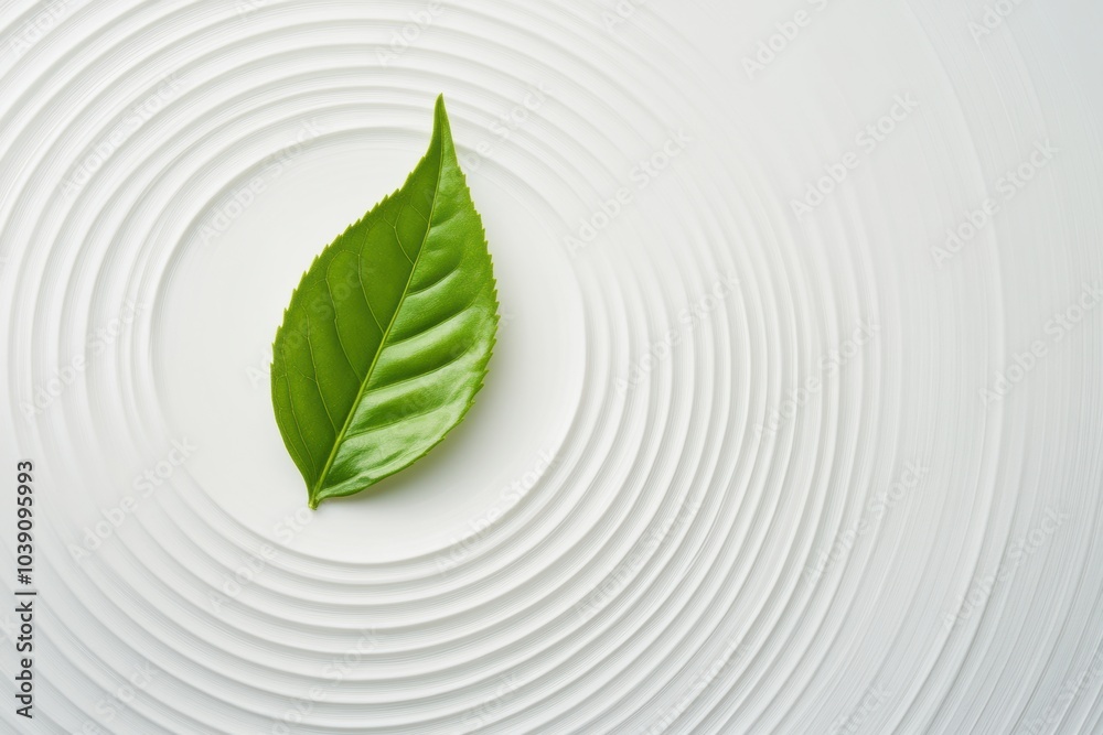 Aufkleber a green tea leaf gently placed on a textured surface, surrounded by soothing circular lines that enh