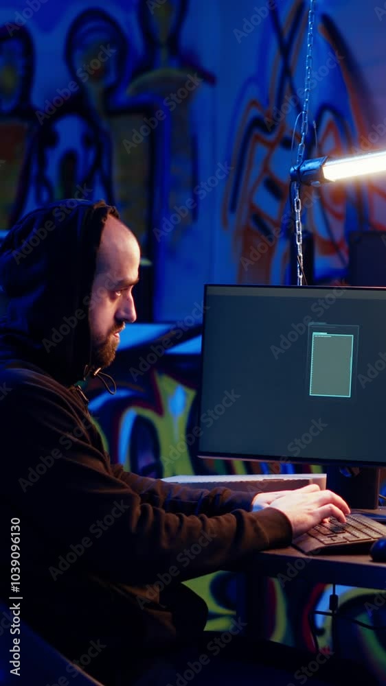 Poster vertical video skilled hacker deploying malware on unaware victims computers, stealing sensitive and