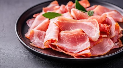 Sliced ham on a black plate with fresh herbs, isolated on a dark background.
