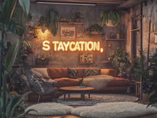 A creative lettering of "STAYCATION". A living room setting, decorated with plants, soft lighting, fluffy rugs, and cozy furniture. 