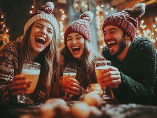 Confraternização de Natal e Ano Novo! Amigos reunidos em uma festa vibrante, compartilhando risadas e brindando com bebidas. A foto captura a alegria e a amizade em um momento especial de celebração