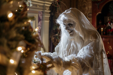 Ghost of Christmas Past visiting Scrooge with spectral reminders of happier Christmases in a snowy, Dickensian Victorian town