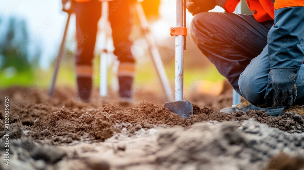 Poster A focused image of engineers conducting soil testing and analysis on a construction site before foundation work, Soil testing scene, Analytical and preparatory style