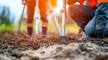 A focused image of engineers conducting soil testing and analysis on a construction site before foundation work, Soil testing scene, Analytical and preparatory style