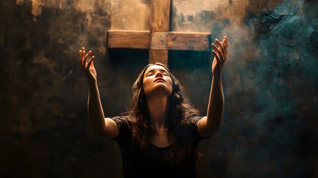 Christian worship and praise. A young woman with her hands raised in worship and praise to god.