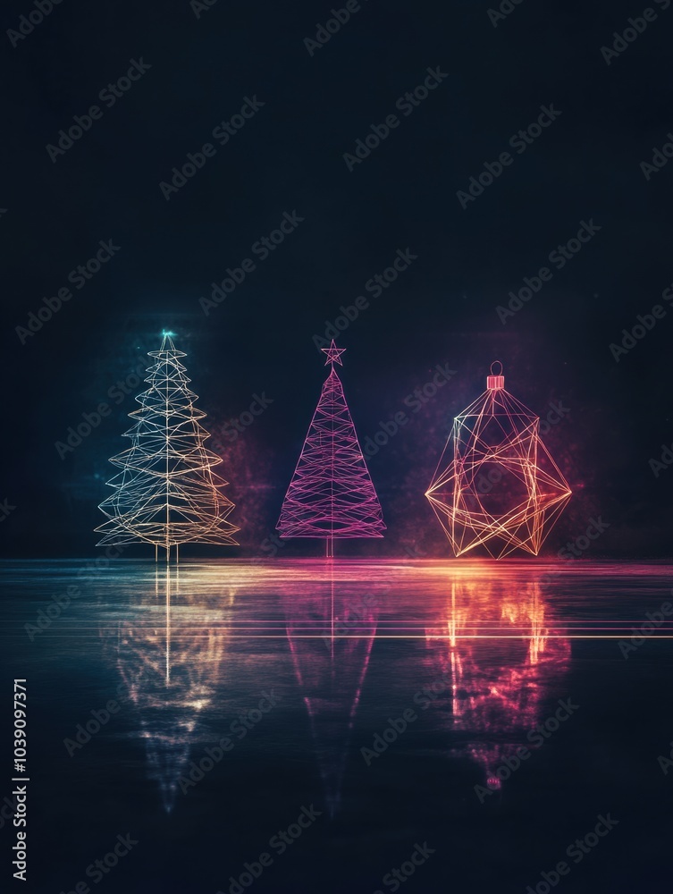 Poster stylized glowing outlines of christmas trees and ornaments illuminate a dark backdrop, creating a fe