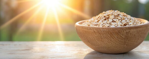 Bowl of oats with sunlight in the background on wooden table.