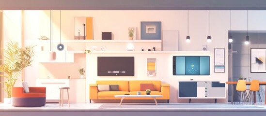 Modern living room interior with yellow couch and white walls.