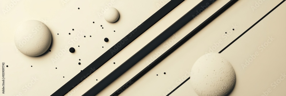 Poster Black diagonal lines intersect against a light backdrop, creating a dynamic arrangement of circles in different sizes scattered across the surface. Generative AI