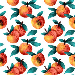 seamless pattern with peach fruits. Hand-drawn textured pattern with peaches