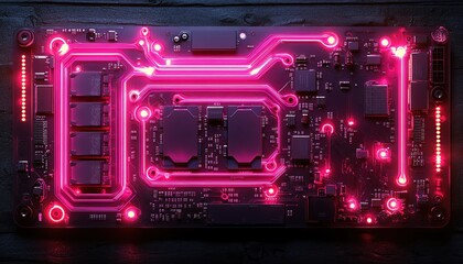 Fototapeta premium Futuristic neon circuit board with glowing pink lines