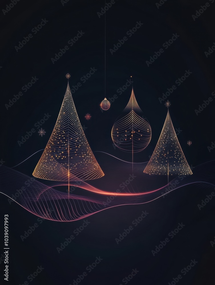 Canvas Prints Silhouettes of Christmas trees and ornaments formed with glowing lines illuminate the dark background, evoking a festive holiday spirit. Generative AI