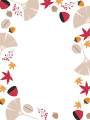シンプルな秋、落ち葉と木の実のイラスト、フレーム型の背景