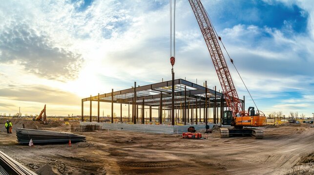 A panoramic view of a construction crane assembling steel beams for a new commercial building, Steel erection scene, Structural strength style
