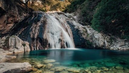 Naklejka premium Cascading waterfall over rocks into a calm pool surrounded by forest greenery