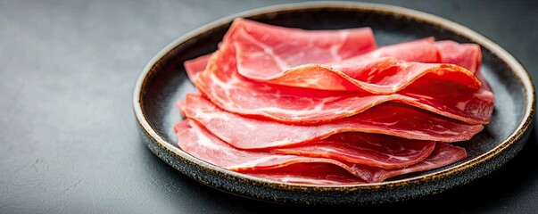 Thinly sliced cured meat arranged on a plate, dark background.
