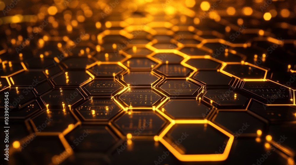 Poster Golden Network. Abstract Hexagonal Web of Data Connectivity and Futuristic Technology