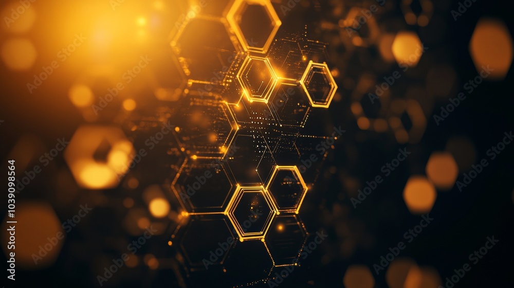 Aufkleber Golden Network. Abstract Hexagonal Web of Data Connectivity and Futuristic Technology