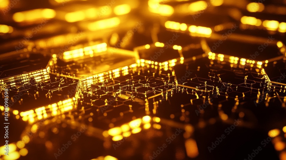 Aufkleber Golden Network. Abstract Hexagonal Web of Data Connectivity and Futuristic Technology