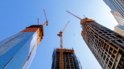 A panoramic view of a skyscraper construction site with cranes against a clear blue sky, Skyscraper construction scene, Majestic and monumental style