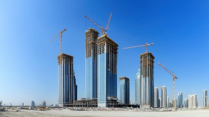A panoramic view of a skyscraper construction site with cranes against a clear blue sky, Skyscraper construction scene, Majestic and monumental style