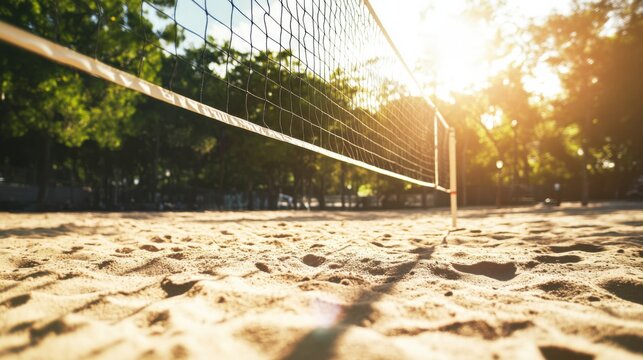 A volleyball court with a focus on the net and sand texture, outdoor setting with daylight, Minimalist style