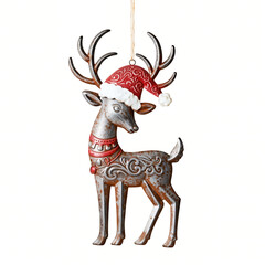 Hanging rusty silver metal Christmas tree reindeer with santa hat ornament with embossed wings, old vintage Xmas decoration object element - isolated on white background.