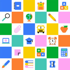 Colorful back to school geometric mosaic seamless pattern. Modern flat education cartoon icon background, fun study concept wallpaper print. Children stationery texture, art supplies symbol design.