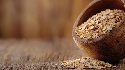 Wooden bowl filled with oats on a rustic wooden surface.