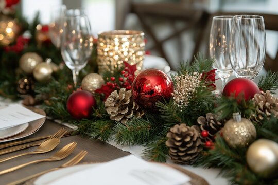 Mesa de Natal sofisticada e elegante. Uma composição impecável com elementos clássicos como louça fina e adereços natalinos delicados em mesa posta