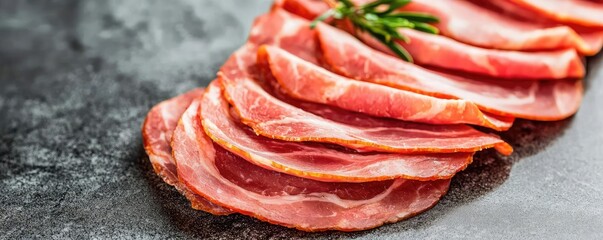 Sliced meat with herbs on a dark surface, perfect for culinary presentations.