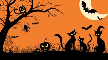 Halloween decorations, pumpkins, Cats, kittens, animals, pets, cats, cats, cats, cats, domestic, isolated, kittens, pets, fall, holiday, night, orange, Moon, scary, celebration, lantern, vector, evil,