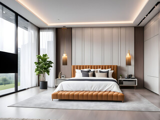 Fototapeta premium Luxurious Bright Bedroom With Comfortable King Size Bed and Modern Furniture. Template For Expensive Residential Mansion. Concept For Interior And Architecture.