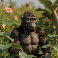 Fototapeta premium Monkey gorilla with pink flowers