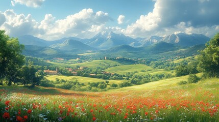 A serene landscape featuring mountains, fields, and blooming flowers.