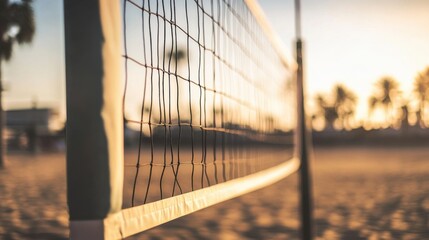 Obraz premium A volleyball court's antenna with focus on the pole and net, outdoor beach setting with evening light, Calm style