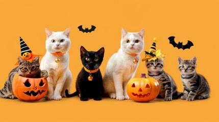 Halloween decorations, pumpkins, Cats, kittens, animals, pets, cats, cats, cats, cats, domestic, isolated, kittens, pets, fall, holiday, night, orange, Moon, scary, celebration, lantern, vector, evil,