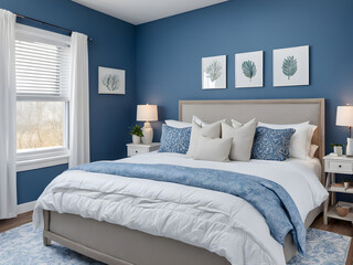 Charming Bedroom With A Blue Accent Wall And Cozy King-Size Bed