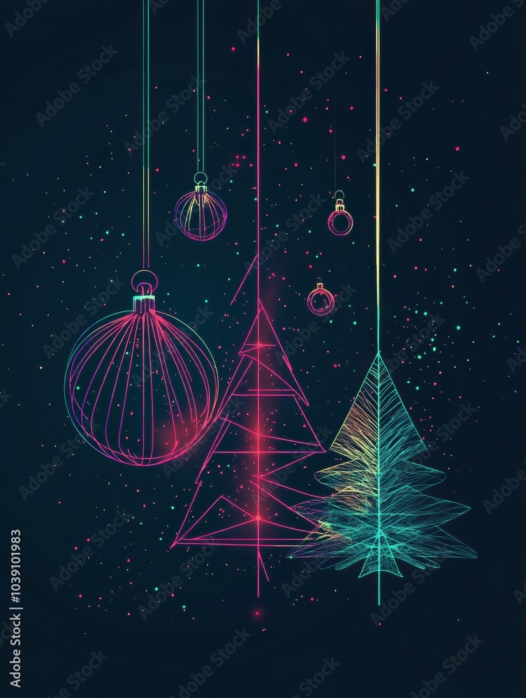 Aufkleber Glowing lines form minimalist silhouettes of Christmas trees and ornaments, creating a festive and colorful display against a dark backdrop. Generative AI