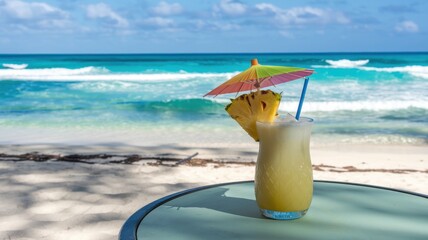 Tropical cocktail on a beachside table with ocean view.